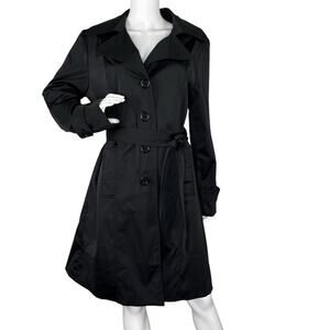NINE WEST Trench Rain Coat Button Up Belted Knee Length Black Size L